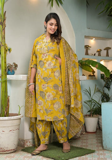 Varanga Women Yellow Floral Printed Mirror Embellished Straight Kurta Paired With Afghani Bottom And Printed Dupatta